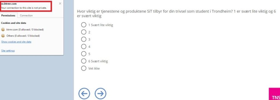 Skjermdump av spørreundersøkelsen sendt ut av SiT. Boksen øverst i venstre hjørne viser at forbindelsen ikke er kryptert, noe som betyr at svarene som gis kan leses av andre på samme nettverk.