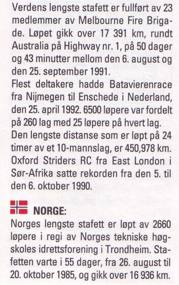 Fra _Guinness rekordbok 1995_ utgitt av Schibsted. Før Melbourne Fire Brigade tok den i 1991 var NTHI innehaver av distanserekorden. Fra _Guinness rekordbok 1995_ utgitt av Schibsted. Før Melbourne Fire Brigade tok den i 1991 var NTHI innehaver av distanserekorden.