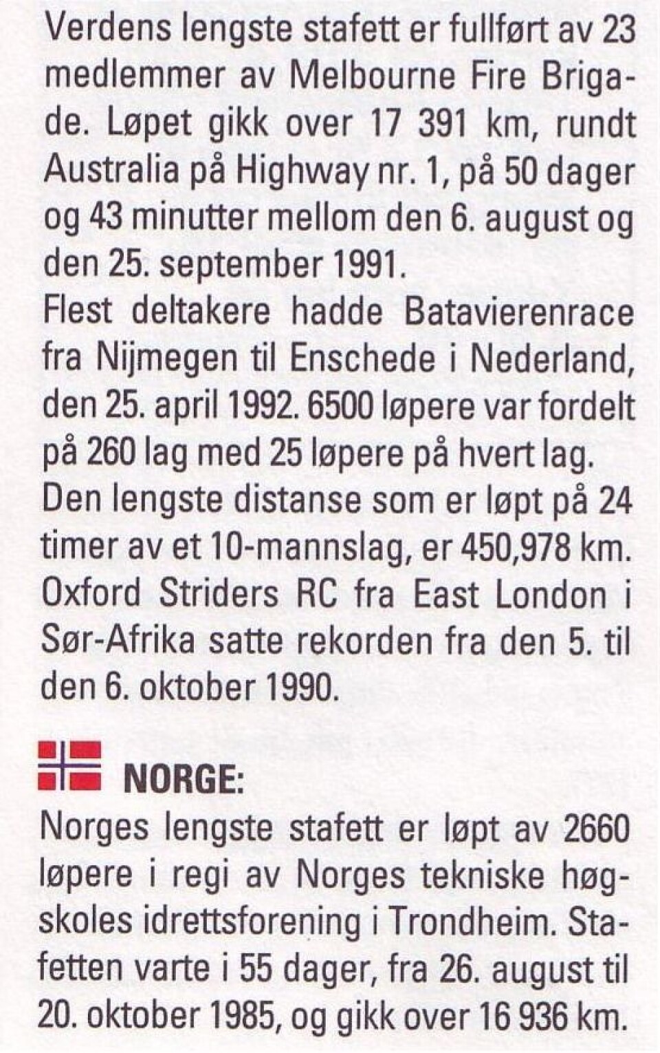 Fra _Guinness rekordbok 1995_ utgitt av Schibsted. Før Melbourne Fire Brigade tok den i 1991 var NTHI innehaver av distanserekorden.