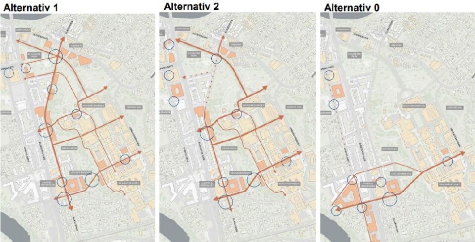 Alternativene som har vært oppe til vurdering av NTNU. Fra venstre: Alternativ 1 - Elgeseter Nord, Alternativ 2 - Elgeseter sentralt, Alternativ 0 - Elgeseter Sør