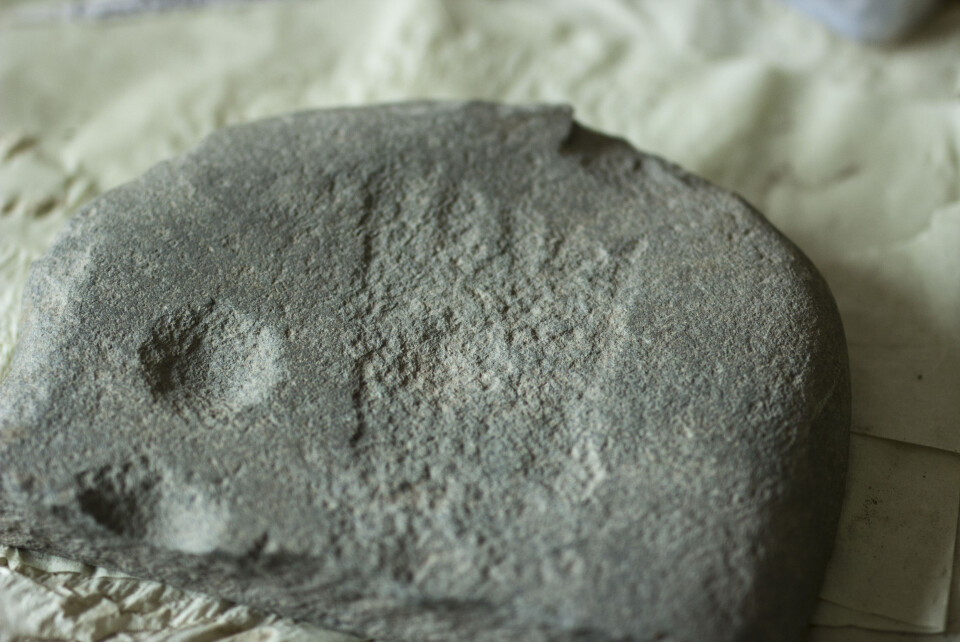 Fotspor i steinen: For rundt tre tusen år siden hogget en person inn fire skålgroper og et fotavtrykk på denne steinen, men akkurat hvorfor er det ingen som vet.