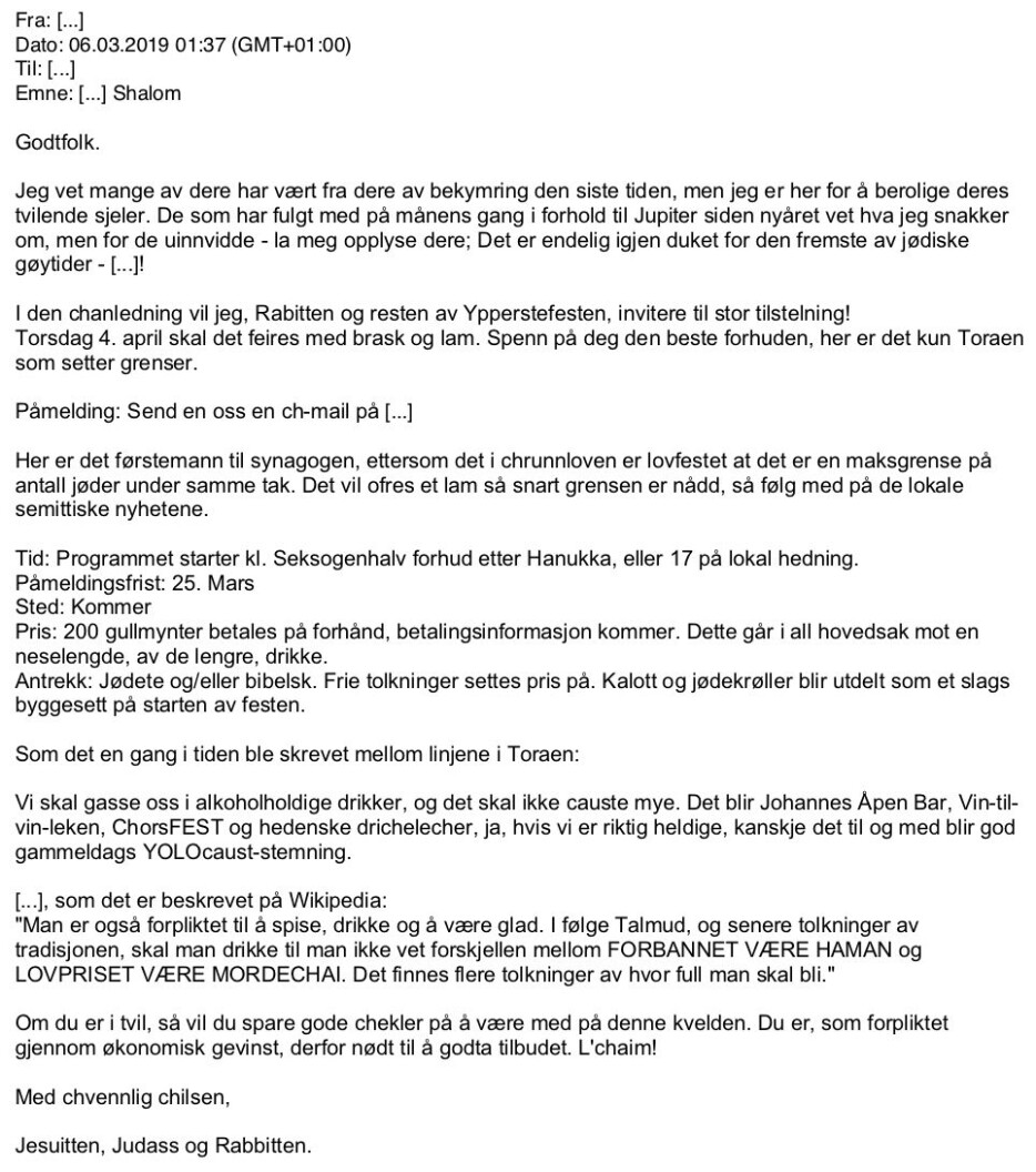 Innbydelsen: Gjeng på Samfundet inviterte til privat jødisk-temafest. Under Dusken har sensurert avsender og gjengen.