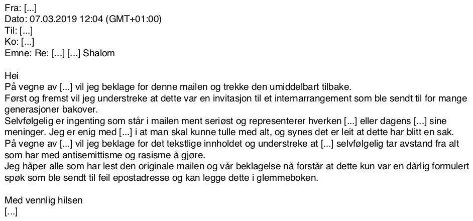 Beklagelsen: Gjengsjefen sendte ut en beklagelsemail dagen etter der vedkommende beklaget.