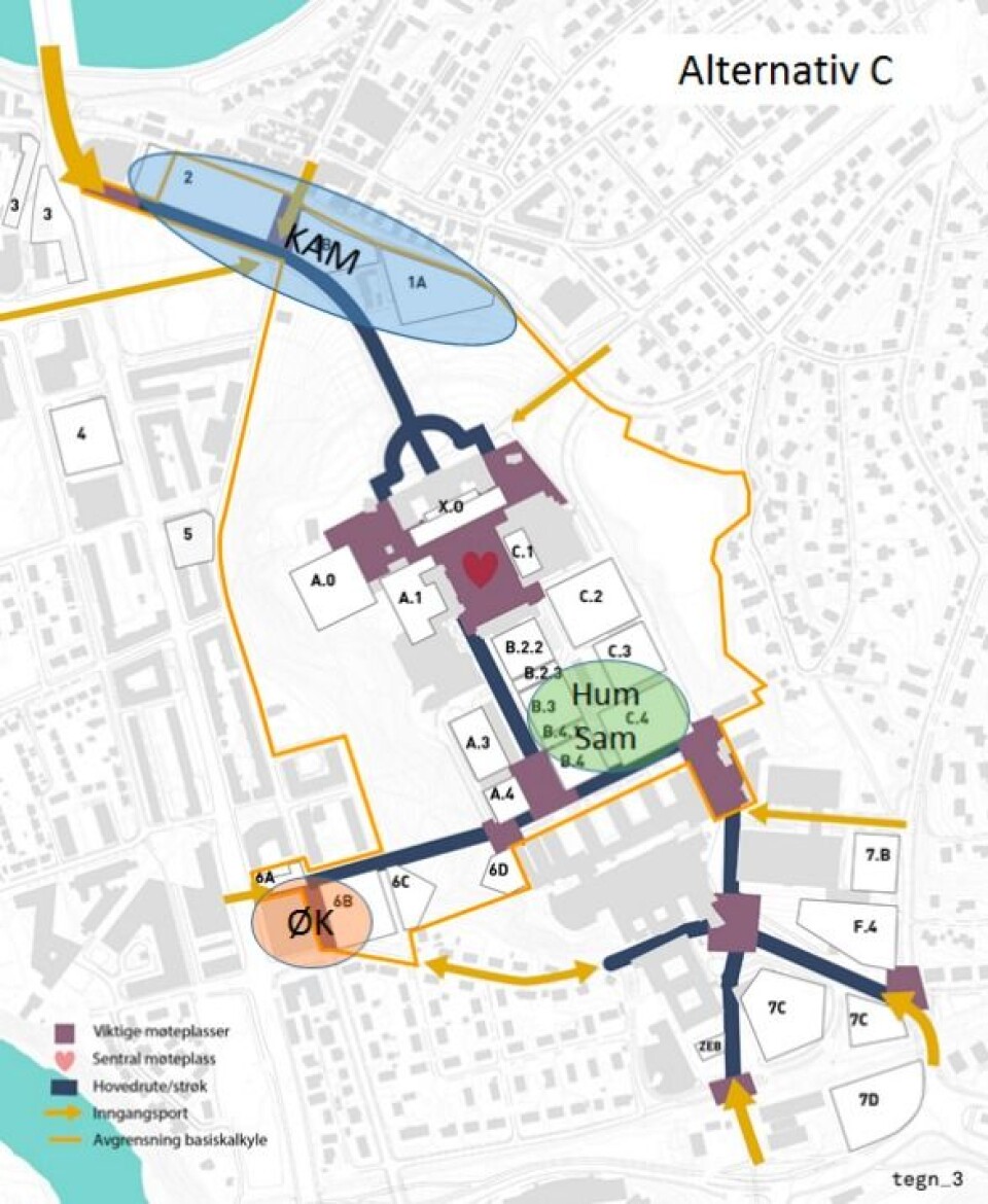Illustrasjon av alternativ C som viser plasseringen av KAM-senteret.
