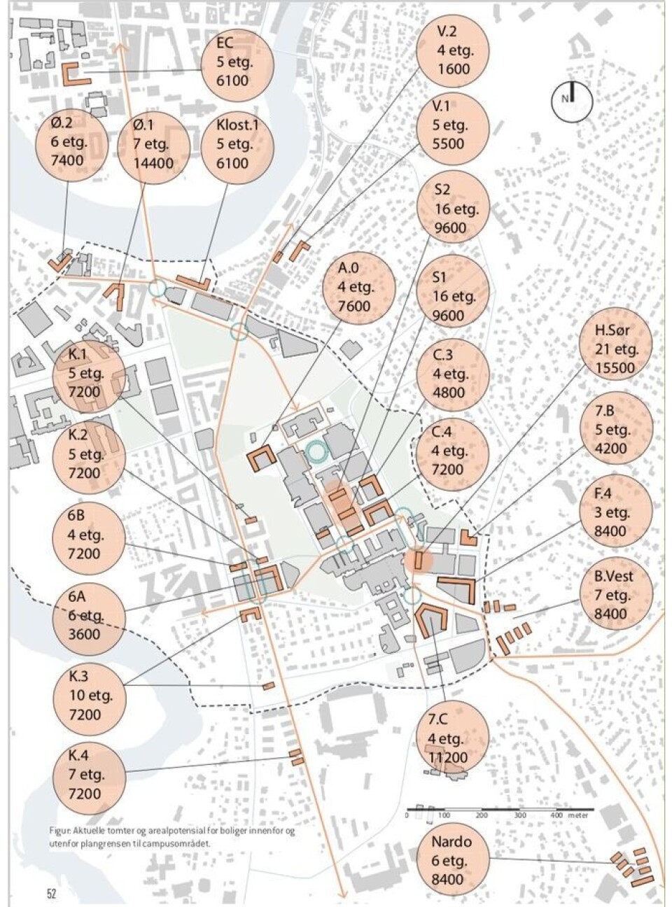**Trangt på Gløshaugen?** Bildet viser aktuelle tomter og arealpotensial innenfor campusområdet.