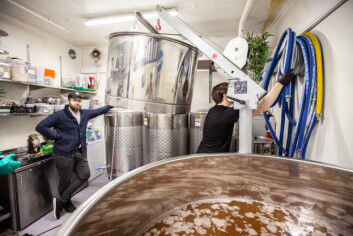 ENORME MENGDER: Her brygges 500 liter bringebærsurøl. ENORME MENGDER: Her brygges 500 liter bringebærsurøl.