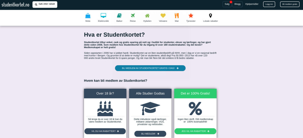 Studentkortet reklamerer med gratis registrering på sine nettsider. Studentkortet reklamerer med gratis registrering på sine nettsider.