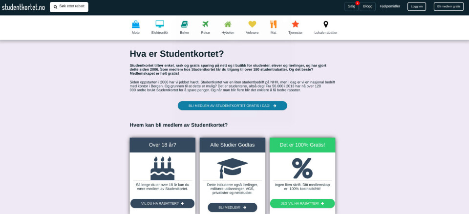 Studentkortet reklamerer med gratis registrering på sine nettsider.