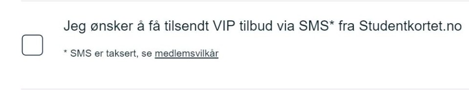 Innmeldingsskjemaet for SMS-markedsføring under registrering på studentkortet.no.