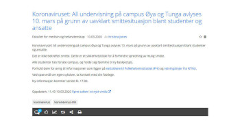 Denne meldingen ble postet på Innsida tirsdag formiddag. Alle studenter ved campus Tunga og Øya ble bedt om å dra hjem, og all undervisning ble avlyst. Denne meldingen ble postet på Innsida tirsdag formiddag. Alle studenter ved campus Tunga og Øya ble bedt om å dra hjem, og all undervisning ble avlyst.