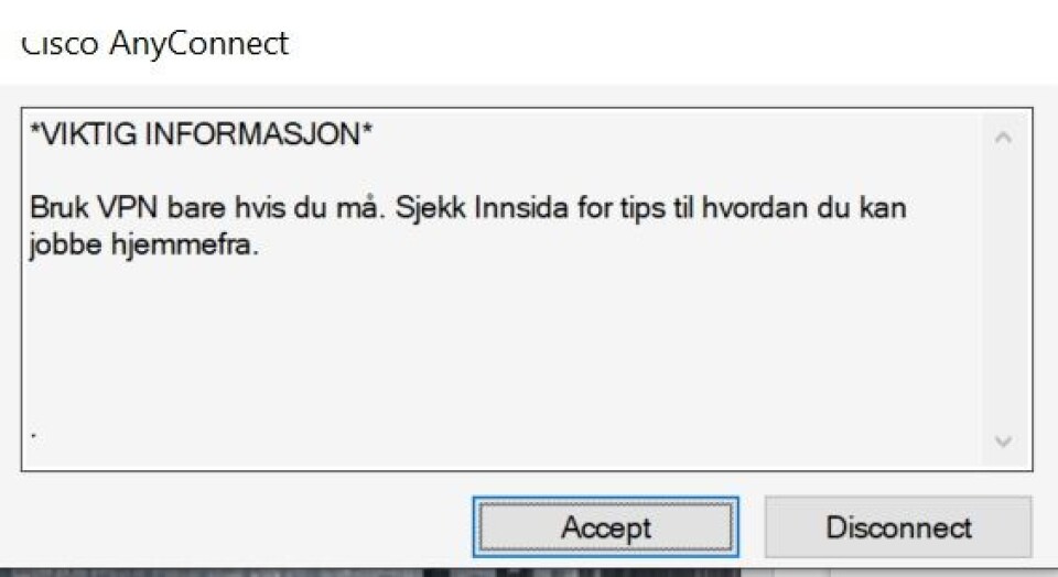 **Advarsel:** Dette er beskjeden man får når man kobler seg til VPN-tjenesten som brukes av NTNU-studentene.