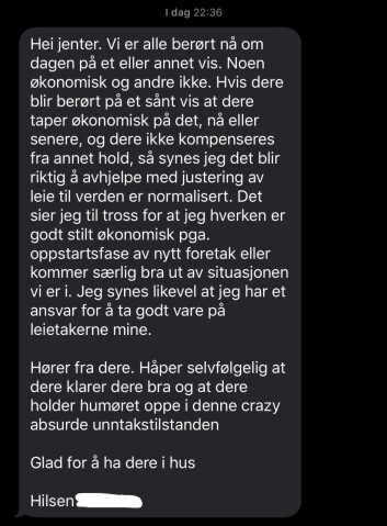 <b>Unntakstilstand:</b> Skjermdump av medlingen som Bjørhusdal sendte til kollektivet. <b>Unntakstilstand:</b> Skjermdump av medlingen som Bjørhusdal sendte til kollektivet.