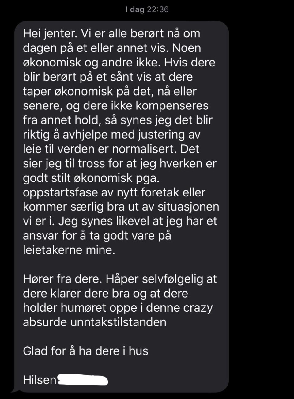 Unntakstilstand: Skjermdump av medlingen som Bjørhusdal sendte til kollektivet.