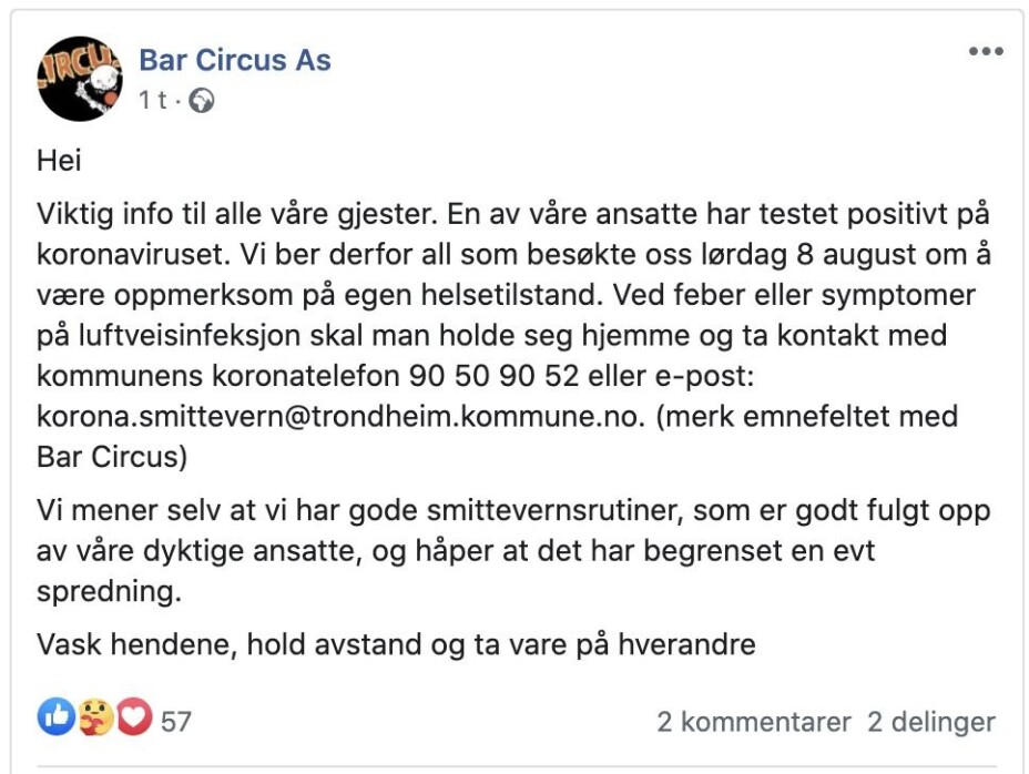 På Facebook: Bar Circus og Diskoteket informerte begge om situasjonen på egen facebookside.