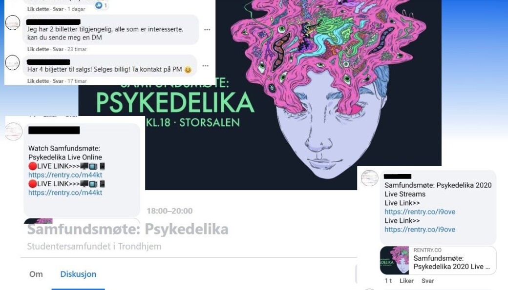 <b>HACKET</b>: Brukere som har fått profilen sin hacket publiserte svindelforsøk-innlegg på Facebook-eventet til «Samfundsmøte: Pyskedelika.» <b>HACKET</b>: Brukere som har fått profilen sin hacket publiserte svindelforsøk-innlegg på Facebook-eventet til «Samfundsmøte: Pyskedelika.»
