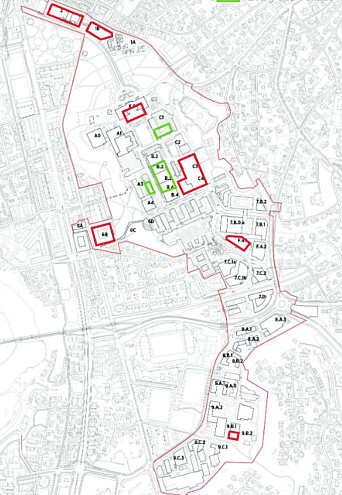 MYE FLYTTING OG FELLES LÆRINGSSTRØK: Alternativ 2. Rødt markerer nybygg, grønt markerer rokade. MYE FLYTTING OG FELLES LÆRINGSSTRØK: Alternativ 2. Rødt markerer nybygg, grønt markerer rokade.