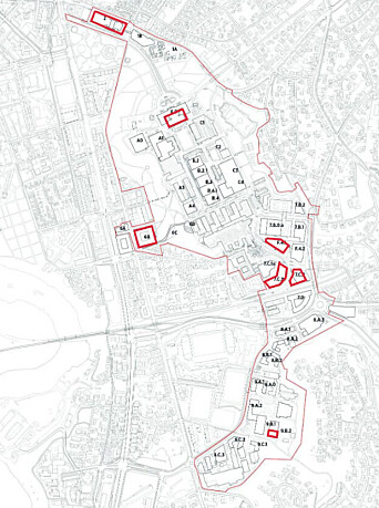 SAMLING PÅ GLØSHAUGEN: Alternativ 1a legger opp til samling og enkle tomter. Rødt markerer nybygg. SAMLING PÅ GLØSHAUGEN: Alternativ 1a legger opp til samling og enkle tomter. Rødt markerer nybygg.