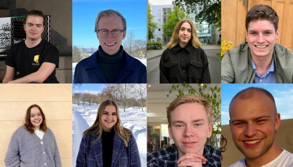VALG: Dette er studentrepresentantene du kan stemme på til NTNU-styret. Fra toppen til venstre: Aksel Aase, Anders Lie Hagen, Gina Kristine Steen Aarheim, Johan Grøgaard, Kamilla Elene Samuelsen, Matilde Brox Bordal, Sander Hansen og Sebastian Speleman. VALG: Dette er studentrepresentantene du kan stemme på til NTNU-styret. Fra toppen til venstre: Aksel Aase, Anders Lie Hagen, Gina Kristine Steen Aarheim, Johan Grøgaard, Kamilla Elene Samuelsen, Matilde Brox Bordal, Sander Hansen og Sebastian Speleman.
