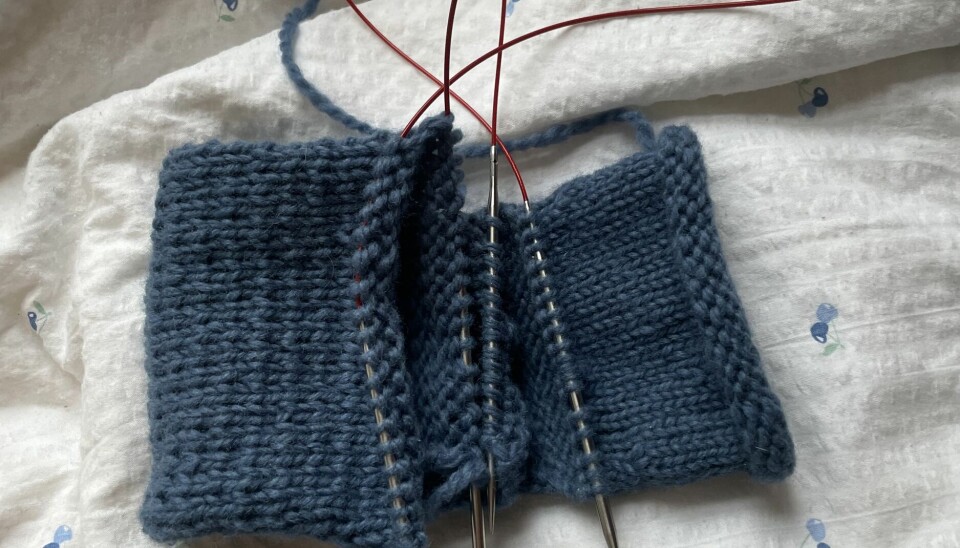 PLUKK OPP 36 MASKER PÅ BUNNEN: Slik plukkes maskene opp på bunnen før antallet halveres ved å strikkes sammen på en pinne.