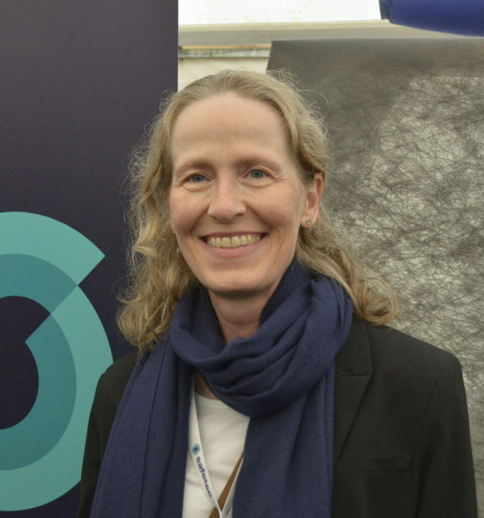 STINN BRAKKE: Astrid Rydock fra Safetec står på andre siden av teltet, hvor det er like trangt om plassen, men ingen aksjonister.