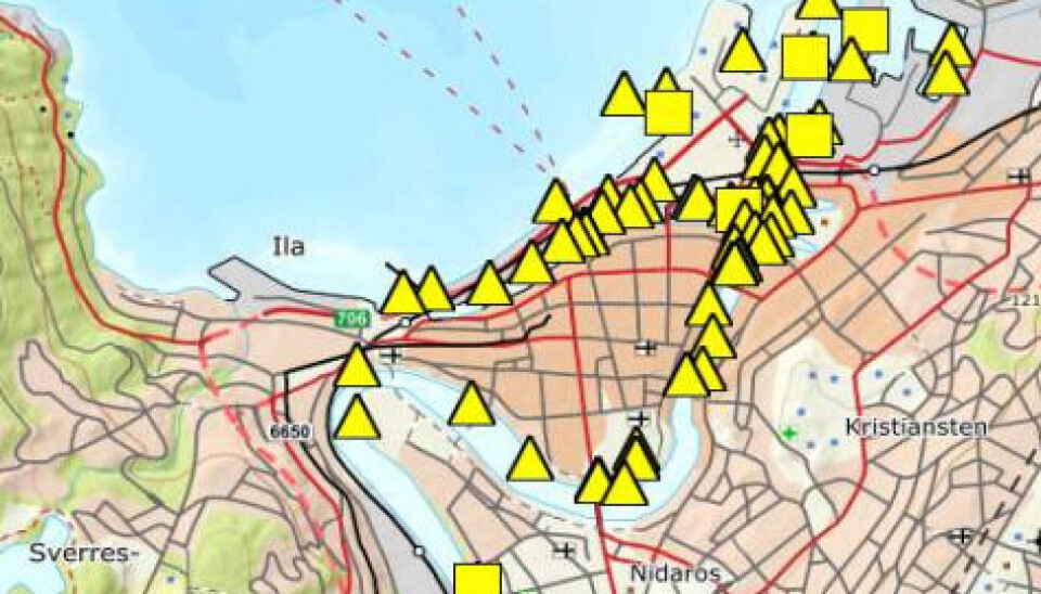 TENDENS: Illustrasjonen viser at de fleste
hendelsene ser ut til å skje langs Nidelva og i
kanalområdet nord for Gamle bybro.