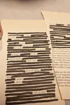 To slitte boksider med blackout-poesi, der svarte tusjlinjer fremhever enkelte ord.